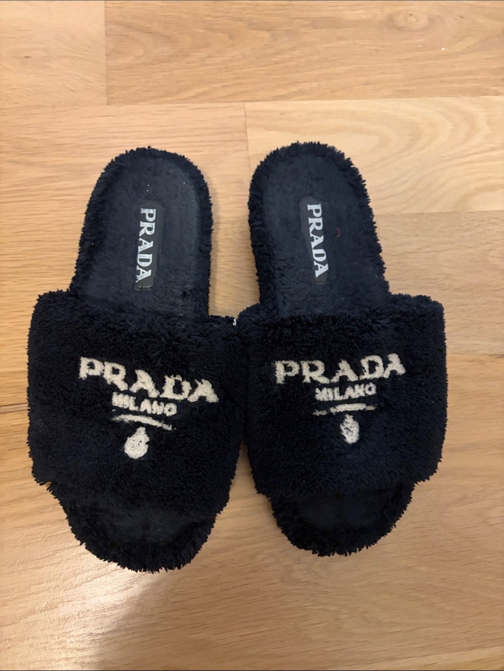 Prada Black Fuzzy Logo Slide Slippers